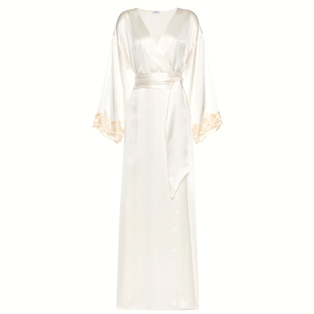 La Perla White Long Silk Slip and Robe Set with Frastaglio Size M NWT